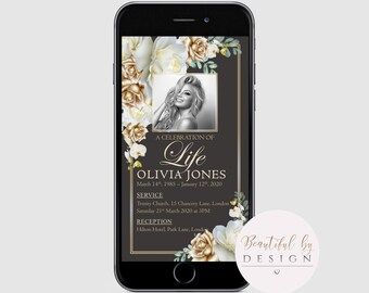 Gold and White Roses Electronic Memorial Announcement Invitation Template, Digital Invite, Smartphone Funeral Evite 0063