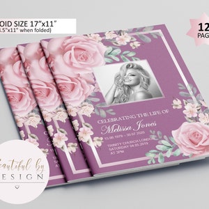 12 Page Pink Flowers Funeral Program Template, Celebration of Life, Obituary Template, Memorial Program, Editable Template 0076