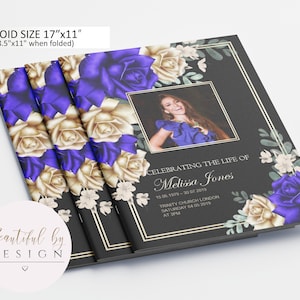 8 Page Royal Blue and Gold Flowers Background Funeral Program Template, Celebration of Life, Obituary Template, Memorial Program 0078