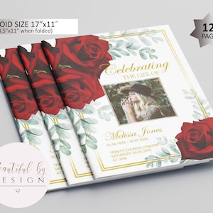 12 Page Red Gold Funeral Program Template, Celebration of Life, Obituary Template, Memorial Program, Editable Template 0058