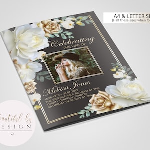 8 Page Gold and White Rose Funeral Program Template, Celebration of Life, Obituary Template, Memorial Program, Editable Template 0063
