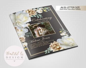 8 Page Gold and White Rose Funeral Program Template, Celebration of Life, Obituary Template, Memorial Program, Editable Template 0063