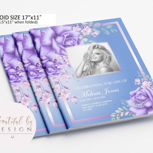 8 Page Blue and Lilac Funeral Program Template in Tabloid size 11&quot;x17&quot;, Celebration of Life, Memorial Program, Editable Template 0092
