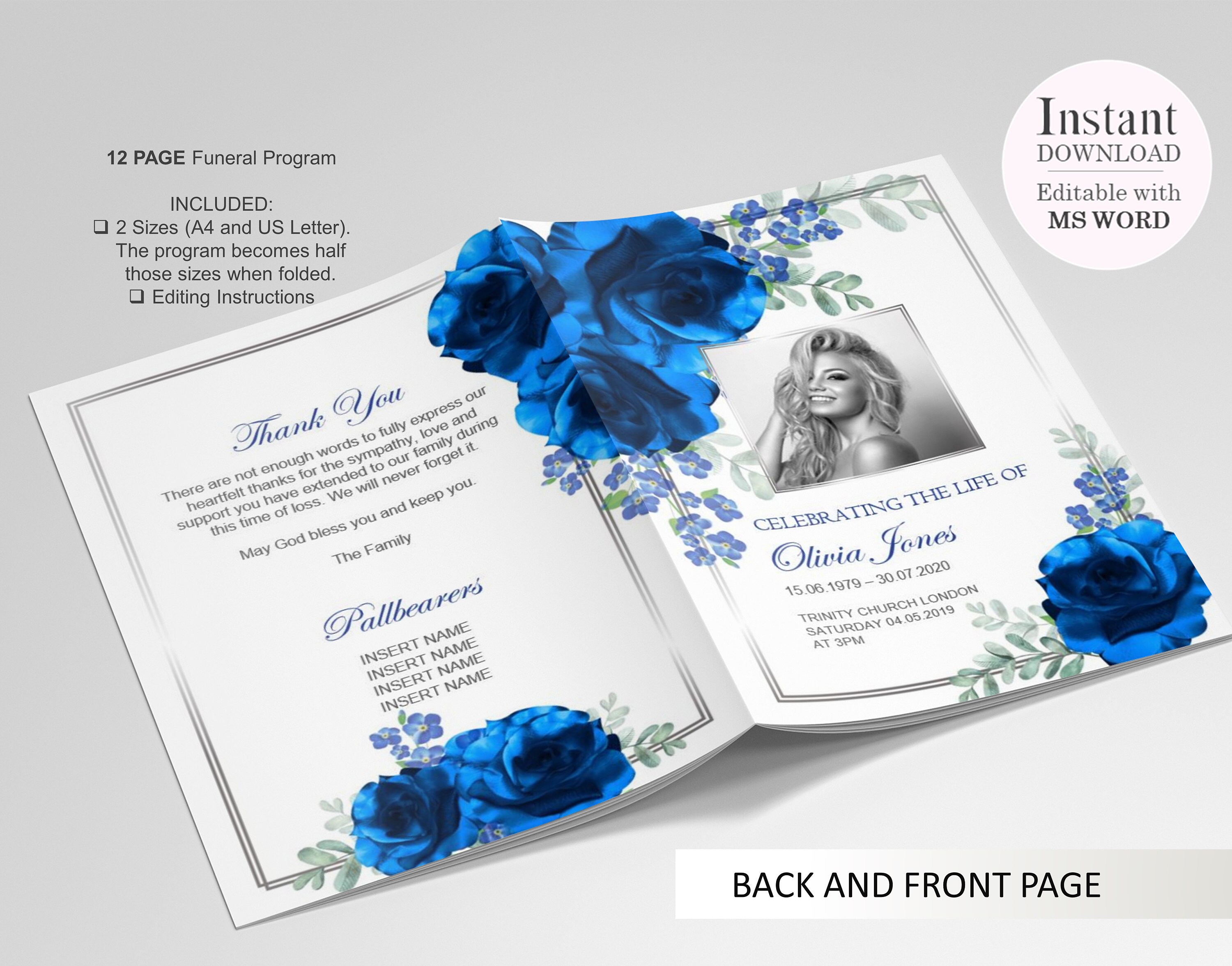 12 Page Blue Flower Funeral Program Template Celebration of Etsy