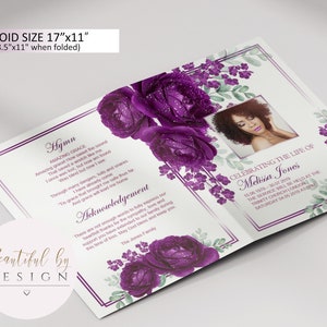 BI-FOLD Purple Roses Funeral Program Template, Celebration of Life, Obituary Template, Memorial Program, Editable Template 0060