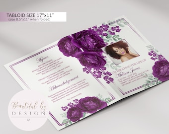 BI-FOLD Purple Roses Funeral Program Template, Celebration of Life, Obituary Template, Memorial Program, Editable Template 0060