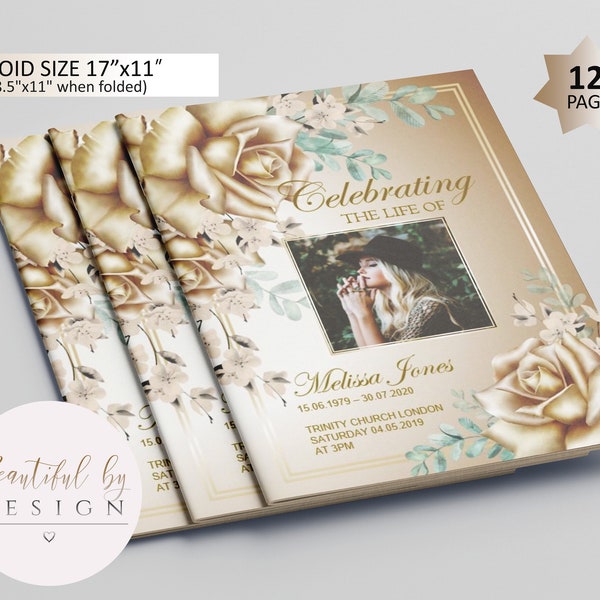 12 Page Gold Funeral Program Template, Celebration of Life, Obituary Template, Memorial Program, Editable Template 0059