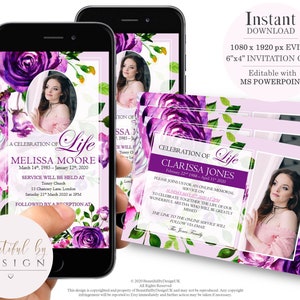 Carte d'invitation électronique pour funérailles fleurs violettes, invitation funéraire pour smartphone, faire-part pour les funérailles, bricolage funérailles, célébration de la vie 0021