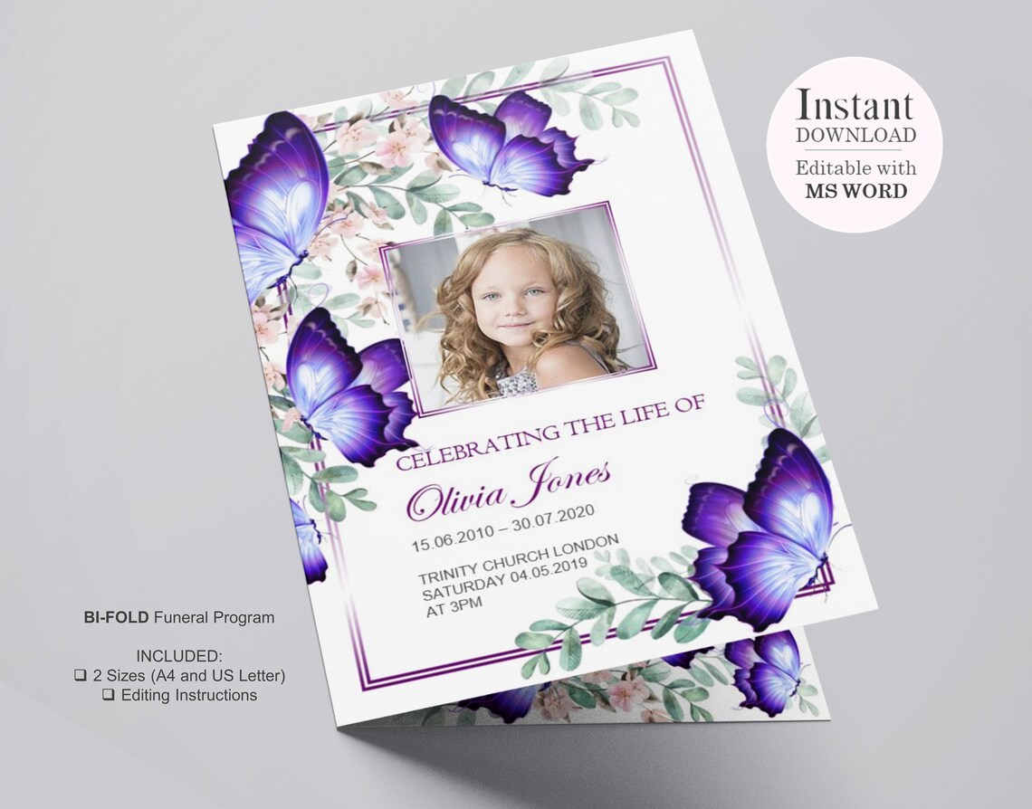 4 Page Blue Butterflies Funeral Program Template for Children Etsy