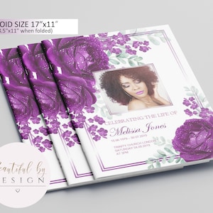 8 Page Purple Roses Funeral Program Template in Tabloid size 11&quot;x17&quot;, Celebration of Life, Memorial Program, Editable Template 0060