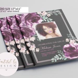 8 Page Purple Black Funeral Program Template in Tabloid size 11&quot;x17&quot;, Celebration of Life, Memorial Program, Editable Template 0050