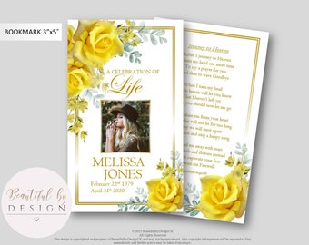 Yellow Flowers Funeral Prayer Card/Bookmark with photo, In Loving Memory, Sympathy Prayer Card Card, Memorial DIY, Funeral Decor Ideas 0054