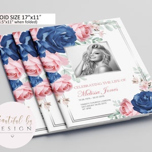 8 Page Blue and Pink Flowers Funeral Program Template in Tabloid size 11&quot;x17&quot;, Celebration of Life, Memorial Program, Editable Template 0081
