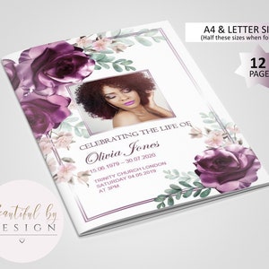 12 Page Purple Flowers Funeral Program Template, Celebration of Life, Obituary Template, Memorial Program, Editable Template 0049