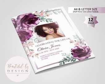 12 Page Purple Flowers Funeral Program Template, Celebration of Life, Obituary Template, Memorial Program, Editable Template 0049