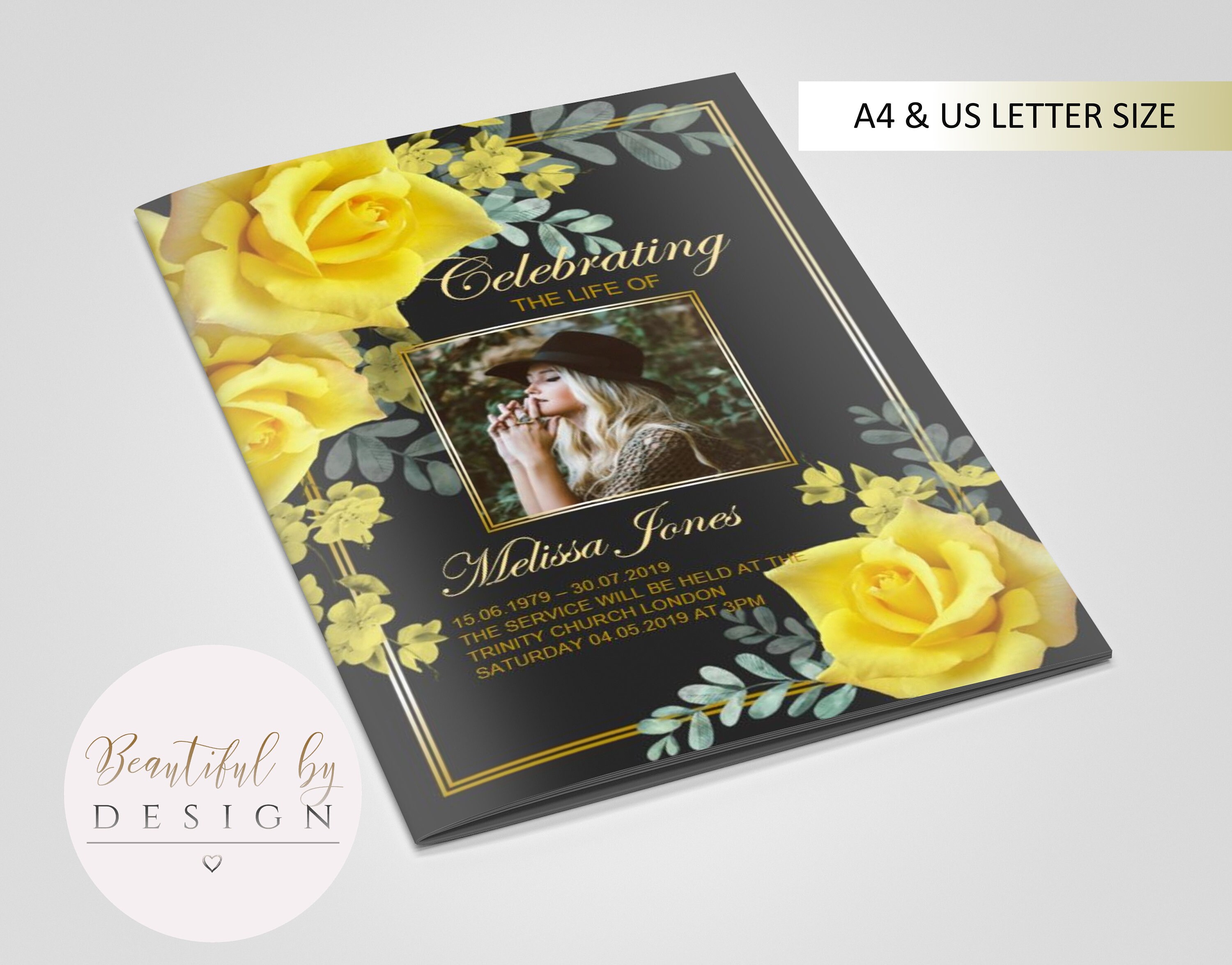 8 Page Yellow Flowers Gold Frame Funeral Program Template Etsy
