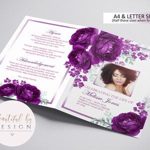 4 Page Purple Roses Funeral Program Template, Celebration of Life, Obituary Template, Memorial Program, Editable Template 0060