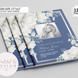 12 Page White Flowers Funeral Program Template, Celebration of Life, Obituary Template, Memorial Program, Editable Template 0084
