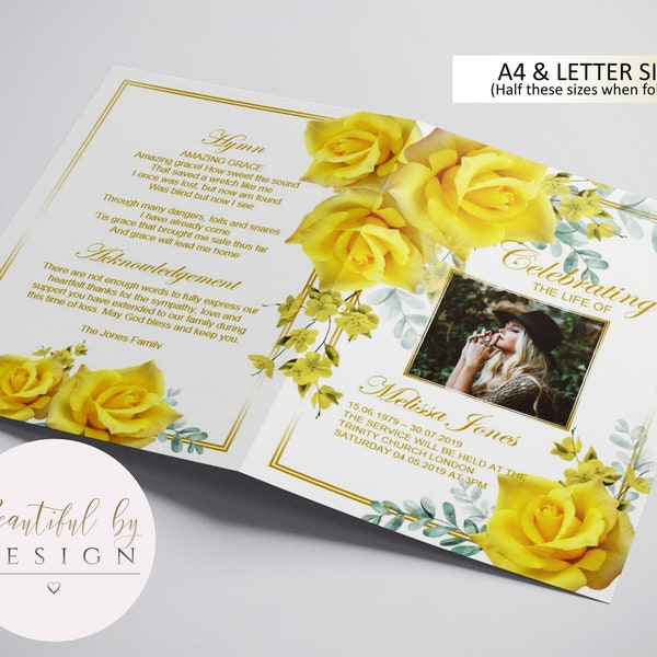 4 Page Yellow Flower Funeral Program Template, Celebration of Life, Obituary Template, Memorial Program, Editable Template 0054