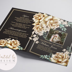 4 Page Gold Roses Funeral Program Template, Celebration of Life, Obituary Template, Memorial Program, Editable Template 0059