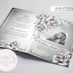 May include: A black and white funeral program with a photo of a woman. The program includes the text "Celebrating the Life of Melissa Jones" and the dates "15.06.1979 - 30.07.2019". The program also includes the text "The service will be held at the Trinity Church London, Saturday 04.05.2019 at 3PM".