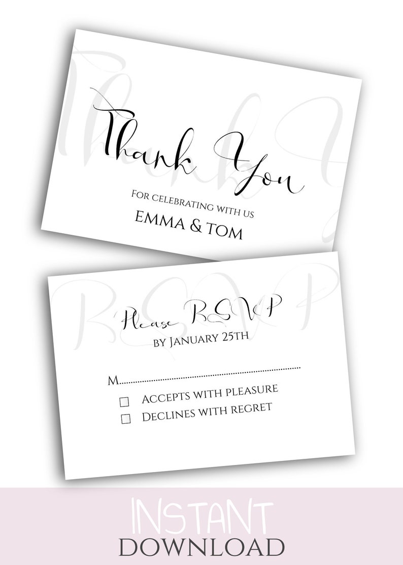 Etsy Minimalist templates Instant Download RSVP Thank You card editable template Modern Calligraphy White and pure Wedding Invitation