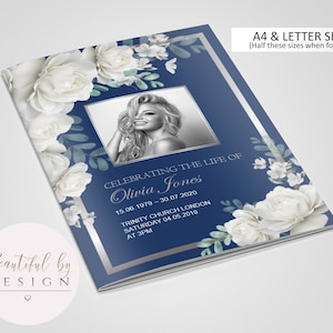 8 Page White Flowers Funeral Program Template, Celebration of Life, Obituary Template, Memorial Program, Editable Template 0084
