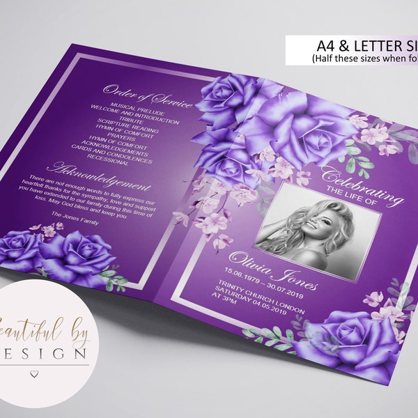 4 Page Purple and Lilac Funeral Program Template, Celebration of Life, Obituary Template, Memorial Program, Editable Template 0087