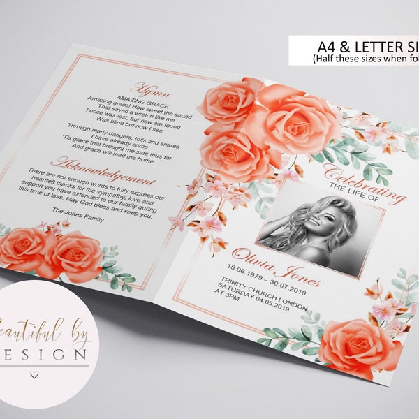 4 Page Peach / Orange Flowers Funeral Program Template, Celebration of Life, Obituary Template, Memorial Program, Editable Template 0071