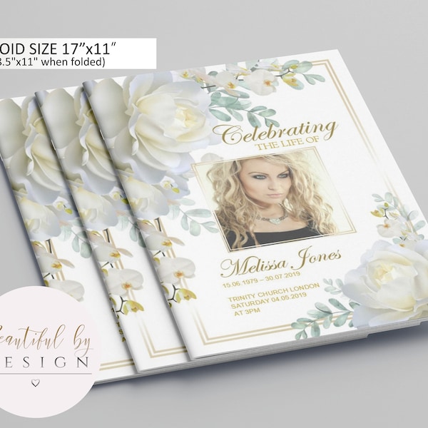 8 Page White Flowers Funeral Program Template in Tabloid size 11"x17", Celebration of Life, Memorial Program, Editable Template 0064