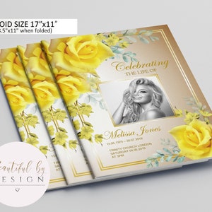 8 Page Yellow Flowers Funeral Program Template in Tabloid size 11"x17", Celebration of Life, Memorial Program, Editable Template 0082