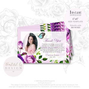 Carte de remerciement funéraire de fleurs violettes avec photo, In Loving Memory, Carte de remerciement de sympathie, Memorial DIY, Idées de décoration funéraire 0021