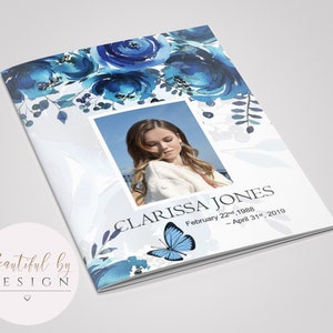 8 Page Blue Flowers Funeral Program Template, Celebration of Life, Obituary Template, Memorial Program, Funeral Design,Memorial Service 0020