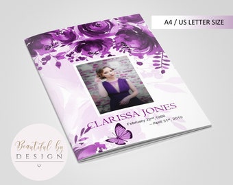 8 Page Purple Flowers Funeral Program Template, Celebration of Life, Obituary Template, Memorial Program, Funeral Design,Memorial Service