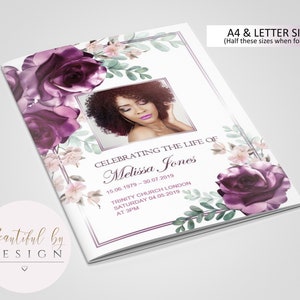 8 Page Purple Flowers Funeral Program Template, Celebration of Life, Obituary Template, Memorial Program, Editable Template 0049