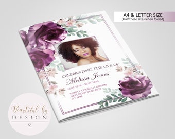 8 Page Purple Flowers Funeral Program Template, Celebration of Life, Obituary Template, Memorial Program, Editable Template 0049