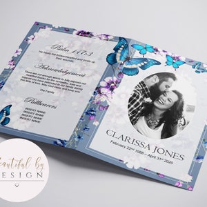 4 Page Wild Flowers and Butterflies Funeral Program Template, Celebration of Life, Obituary Template, Memorial Program, Funeral Design 0022