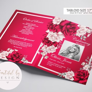 4 Page Red and Rose Gold Funeral Program Template, Celebration of Life, Obituary Template, Memorial Program, Editable Template 00101