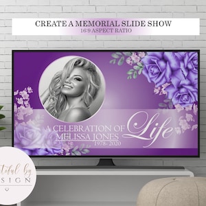Purple and Lilac PowerPoint Presentation Template, Funeral Slide Show Template, Funeral Template, In Loving Memory, Gold Roses 0087