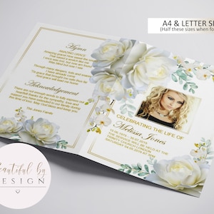 4 Page White Roses Funeral Program Template, Celebration of Life, Obituary Template, Memorial Program, Editable Template 0064