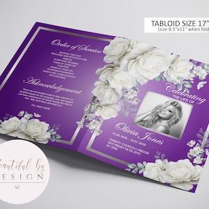BI-FOLD White Flowers Purple Background Funeral Program Template, Celebration of Life, Obituary Template, Memorial Program, Editable 0088