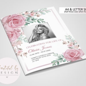 Puede incluir: Un folleto conmemorativo blanco con un diseño floral rosa y una foto en blanco y negro de una mujer. El texto dice "Celebrating the Life of Olivia Jones 15.06.1979 - 30.07.2020 Trinity Church London Saturday 04.05.2019 at 3PM".