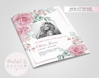 8 Page Pink Flowers Funeral Program Template, Celebration of Life, Obituary Template, Memorial Program, Editable Template 0053