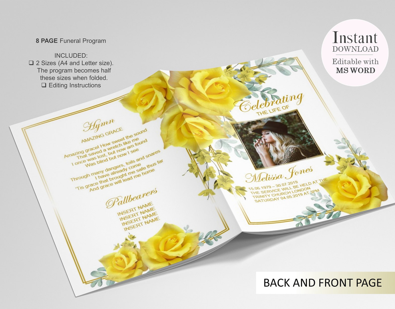 8 Page Yellow Flower Funeral Program Template Celebration of Etsy