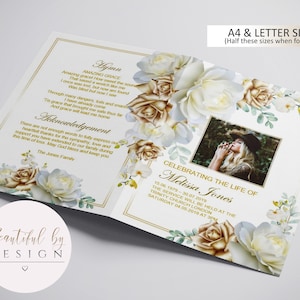4 Page Bi-Fold Gold and White Rose Funeral Program Template, Celebration of Life, Obituary Template, Editable Template 0063