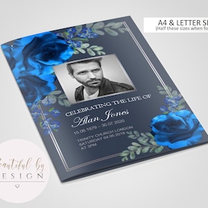 May include: A blue and silver funeral program template with a photo of a man and the text "Celebrating the Life of Alan Jones". The program includes the dates of birth and death, the location of the service, and the date and time of the service.