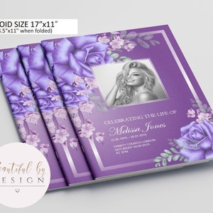 8 Page Purple and Lilac Funeral Program Template in Tabloid size 11&quot;x17&quot;, Celebration of Life, Memorial Program, Editable Template 0087