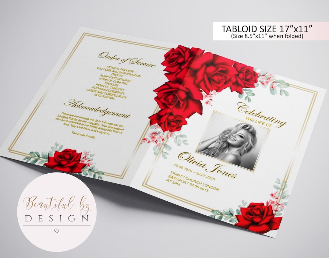 4 Page Red Roses Funeral Program Template Editable in MS Word ...