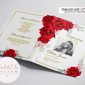 Puede incluir: Un programa de servicio conmemorativo, tamaño tabloide de 43 cm x 28 cm abierto, presenta una foto de Olivia Jones. El diseño incluye rosas rojas y detalles florales, con texto dorado. El programa incluye el texto "Celebrating the Life of" y "Beautiful by Design".