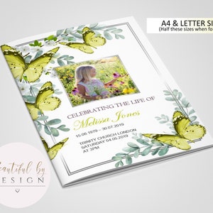 8 Page Yellow Butterflies Funeral Program Template, Celebration of Life, Obituary Template, Editable Template 0075